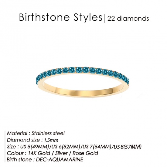 Bild von Umweltfreundlich 304 Edelstahl Monatsstein Uneinstellbar Ring 14K echt Vergoldet Dezember Wasserblau Strass 18.1mm（US Größe:8), 1.5mm, 1 Stück