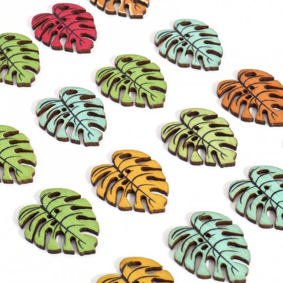Picture of Wood Buttons Scrapbooking 2 Holes At Random Color Mixed Monstera Leaf 29mm x 24mm, 1 Packet ( 50 PCs/Packet)