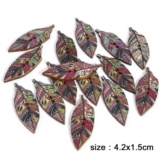 Picture of Wood Buttons Scrapbooking 2 Holes At Random Color Mixed Feather 4.2cm x 1.5cm, 1 Packet ( 50 PCs/Packet)