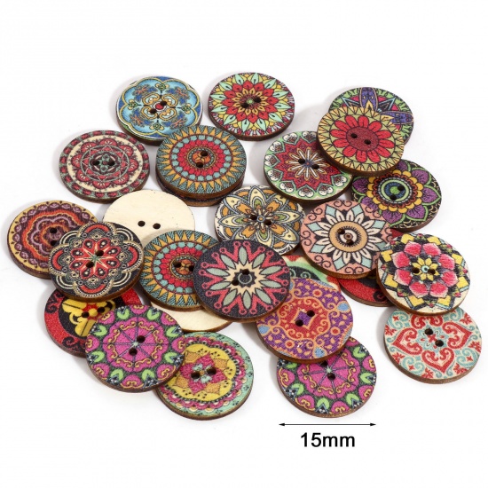 Picture of Wood Ethnic Buttons Scrapbooking 2 Holes Round At Random Color Mixed 25mm Dia., 1 Packet ( 100 PCs/Packet)