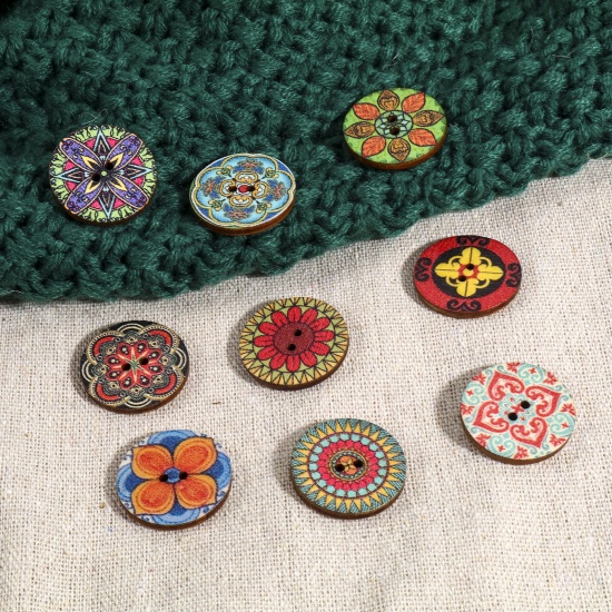Picture of Wood Ethnic Buttons Scrapbooking 2 Holes Round At Random Color Mixed 25mm Dia., 1 Packet ( 100 PCs/Packet)