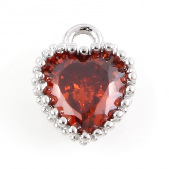 Picture of Brass Birthstone Charms Real Platinum Plated Heart January Red Brown Cubic Zirconia 8mm x 6.5mm, 2 PCs                                                                                                                                                        