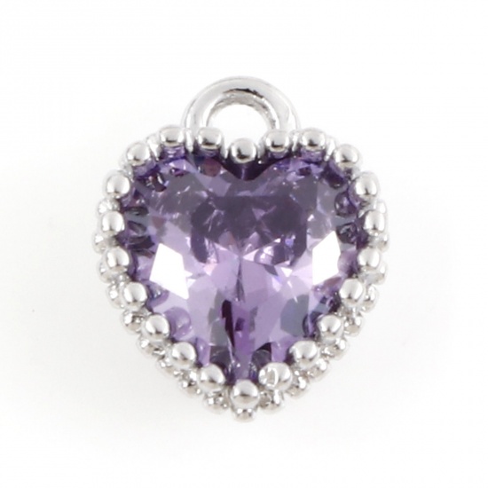 Picture of Brass Birthstone Charms Real Platinum Plated Heart February Purple Cubic Zirconia 8mm x 6.5mm, 2 PCs                                                                                                                                                          