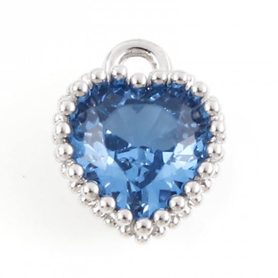 Picture of Brass Birthstone Charms Real Platinum Plated Heart March Aqua Blue Cubic Zirconia 8mm x 6.5mm, 2 PCs                                                                                                                                                          