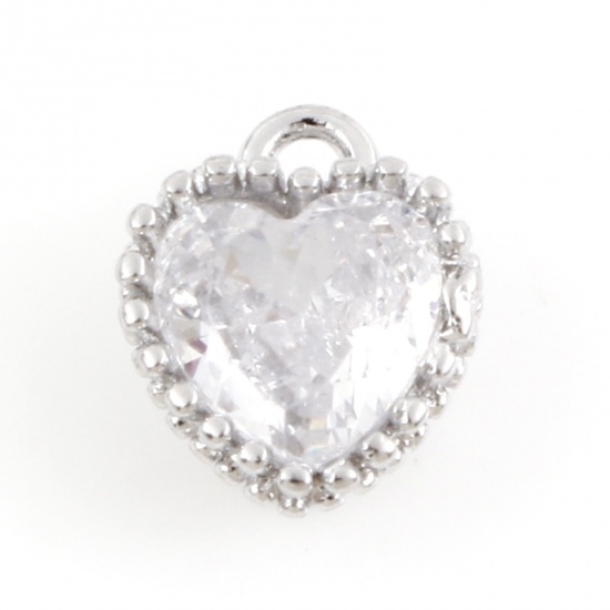 Picture of Brass Birthstone Charms Real Platinum Plated Heart April Clear Cubic Zirconia 8mm x 6.5mm, 2 PCs                                                                                                                                                              