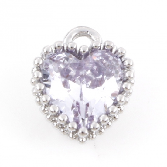 Picture of Brass Birthstone Charms Real Platinum Plated Heart June Mauve Cubic Zirconia 8mm x 6.5mm, 2 PCs                                                                                                                                                               