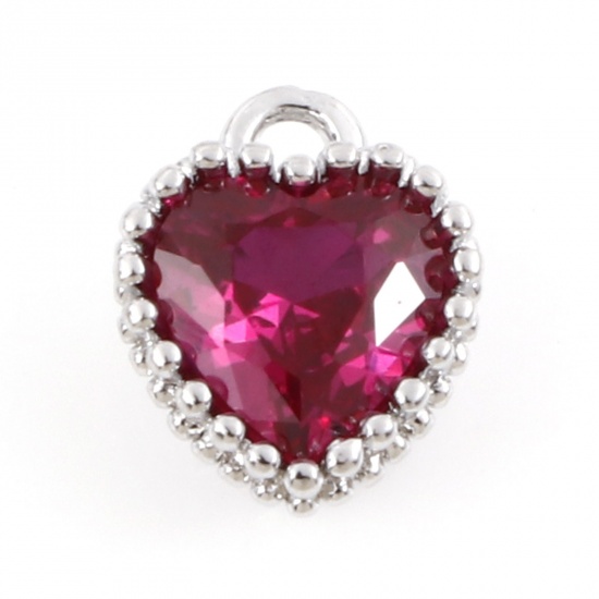 Picture of Brass Birthstone Charms Real Platinum Plated Heart July Fuchsia Cubic Zirconia 8mm x 6.5mm, 2 PCs                                                                                                                                                             