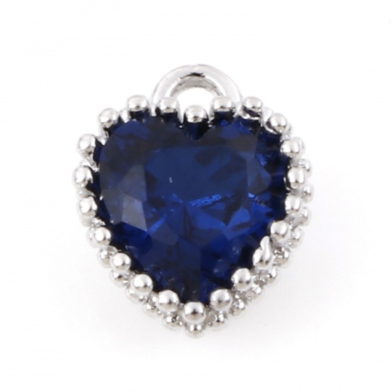 Picture of Brass Birthstone Charms Real Platinum Plated Heart September Royal Blue Cubic Zirconia 8mm x 6.5mm, 2 PCs                                                                                                                                                     