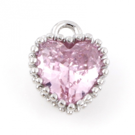 Picture of Brass Birthstone Charms Real Platinum Plated Heart October Pink Cubic Zirconia 8mm x 6.5mm, 2 PCs                                                                                                                                                             