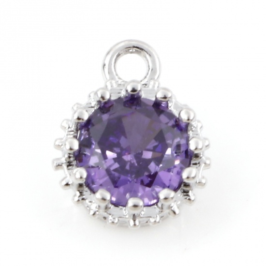 Picture of Brass Birthstone Charms Real Platinum Plated Round February Purple Cubic Zirconia 9mm x 7mm, 2 PCs                                                                                                                                                            