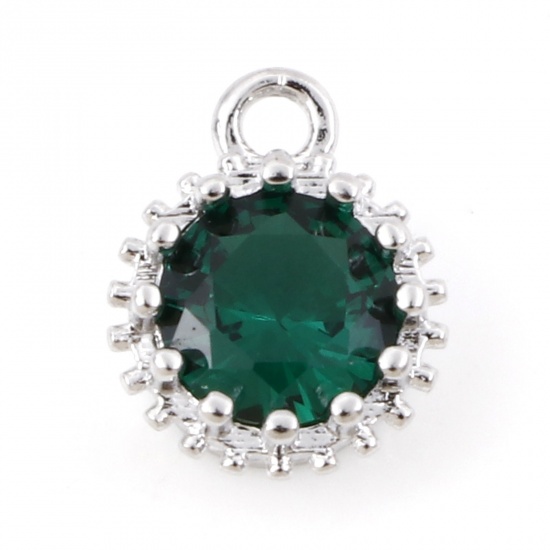 Picture of Brass Birthstone Charms Real Platinum Plated Round May Emerald Cubic Zirconia 9mm x 7mm, 2 PCs                                                                                                                                                                