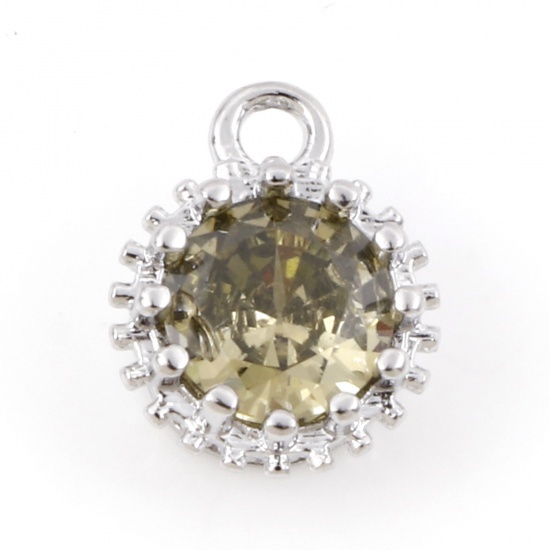 Picture of Brass Birthstone Charms Real Platinum Plated Round August Olive Green Cubic Zirconia 9mm x 7mm, 2 PCs                                                                                                                                                         