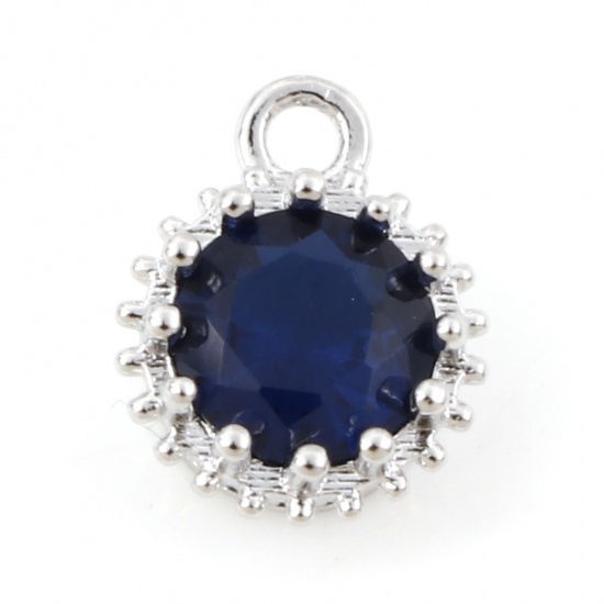 Picture of Brass Birthstone Charms Real Platinum Plated Round September Royal Blue Cubic Zirconia 9mm x 7mm, 2 PCs                                                                                                                                                       