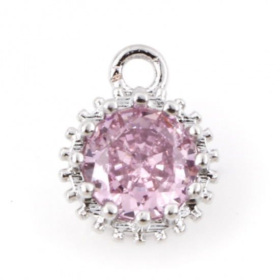 Picture of Brass Birthstone Charms Real Platinum Plated Round October Pink Cubic Zirconia 9mm x 7mm, 2 PCs                                                                                                                                                               
