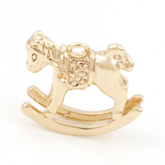 Picture of Brass Fairy Tale Collection Charms 18K Real Gold Plated Rocking Horse 3D 14mm x 13mm, 2 PCs