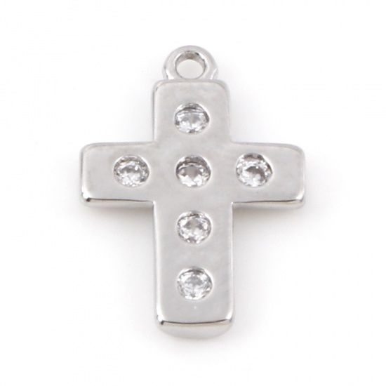 Picture of Brass Religious Charms Real Platinum Plated Cross Micro Pave Clear Cubic Zirconia 14mm x 13mm, 2 PCs