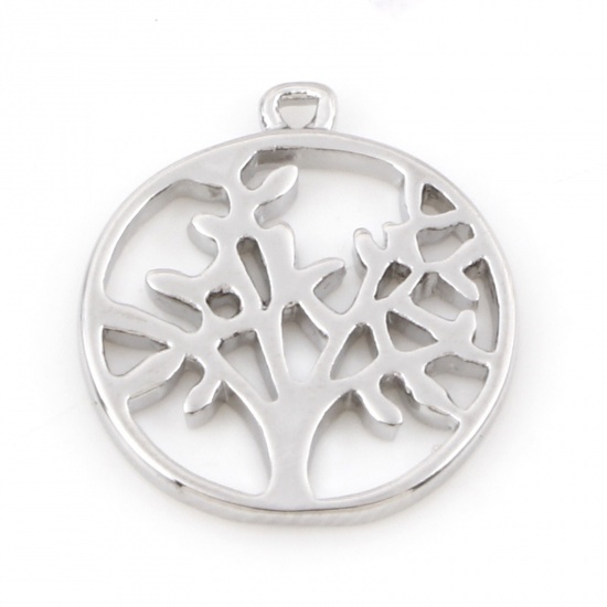 Picture of Brass Charms Real Platinum Plated Round Tree of Life Hollow 17mm x 15mm, 2 PCs