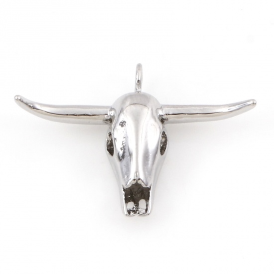 Picture of Brass Boho Chic Bohemia Charms Real Platinum Plated Cow Animal Bone 3D 24mm x 17mm, 2 PCs