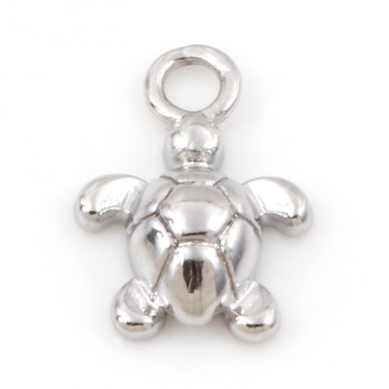 Picture of Brass Ocean Jewelry Charms Real Platinum Plated Tortoise Animal 3D 13mm x 9mm, 2 PCs