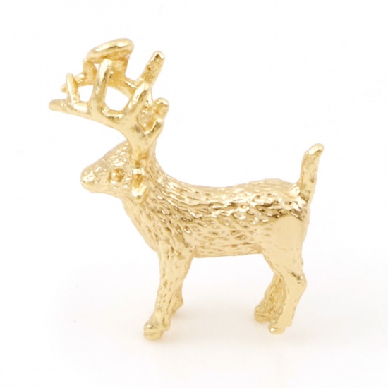 Picture of Brass Charms 18K Real Gold Plated Christmas Reindeer 3D 18mm x 15mm, 1 Piece