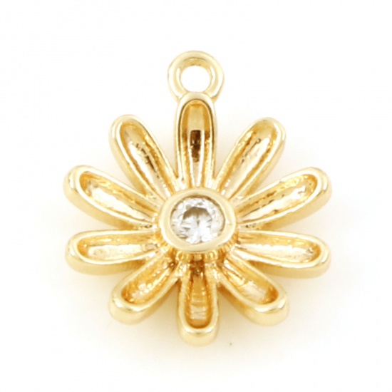 Imagen de Latón Colgantes Charms Flor de la margarita 18K Oro Real Chapado Micro Pave 11.5mm x 10mm, 2 Unidades