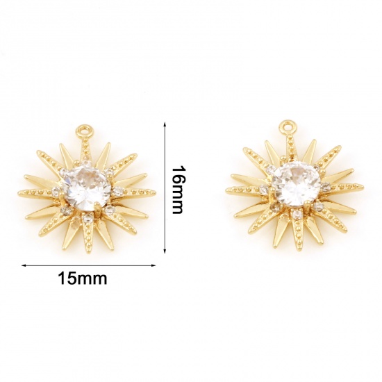 Immagine di Ottone Galassia Charms Sole 18K Vero Oro Placcato Micro Spianare Trasparente Cubic Zirconiae 16mm x 15mm, 1 Pz