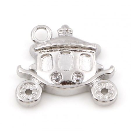 Ottone Collezione di Fiabe Charms Carrozza Vero Platino Placcato Micro Spianare Trasparente Cubic Zirconiae 15.5mm x 14mm, 2 Pz