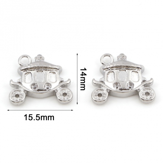 Picture of Brass Fairy Tale Collection Charms Real Platinum Plated Carriage Micro Pave Clear Cubic Zirconia 15.5mm x 14mm, 2 PCs