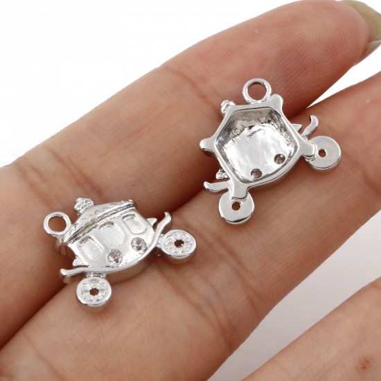 Picture of Brass Fairy Tale Collection Charms Real Platinum Plated Carriage Micro Pave Clear Cubic Zirconia 15.5mm x 14mm, 2 PCs