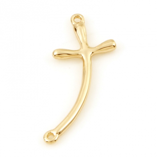 Picture of Brass Religious Connectors Charms Pendants Cross 18K Real Gold Plated 22mm x 9mm, 5 PCs