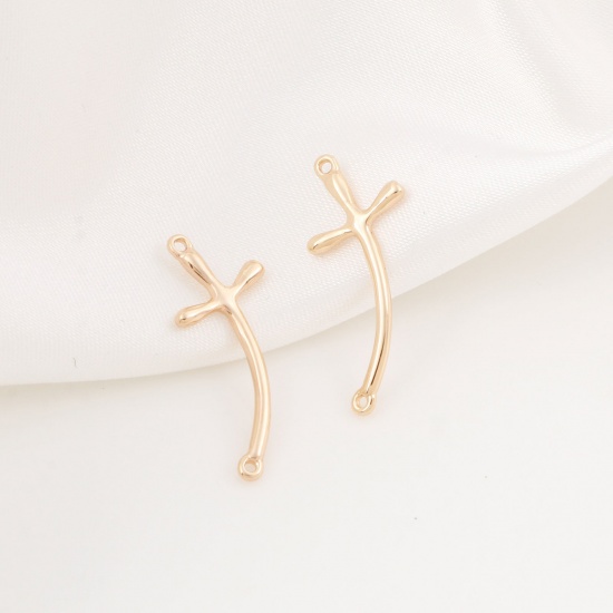 Picture of Brass Religious Connectors Charms Pendants Cross 18K Real Gold Plated 22mm x 9mm, 5 PCs