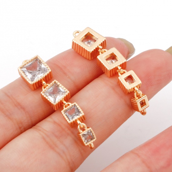 Picture of Brass Geometry Series Connectors Charms Pendants Square 18K Real Gold Plated Clear Cubic Zirconia 35mm x 7.5mm, 1 Piece                                                                                                                                       
