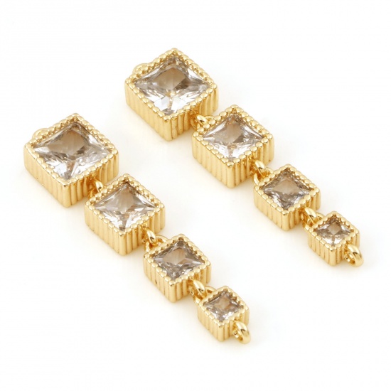 Picture of Brass Geometry Series Connectors Charms Pendants Square 18K Real Gold Plated Clear Cubic Zirconia 35mm x 7.5mm, 1 Piece                                                                                                                                       