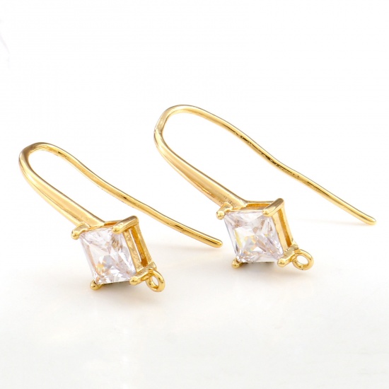 Picture of Brass Ear Wire Hooks Earrings For DIY Jewelry Making Accessories 18K Real Gold Plated Rhombus With Loop Clear Cubic Zirconia 25mm x 10mm, Post/ Wire Size: (18 gauge), 2 PCs                                                                                  