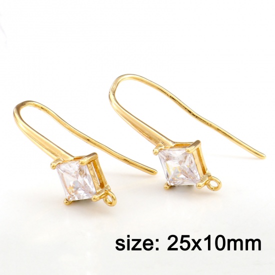Picture of Brass Ear Wire Hooks Earrings For DIY Jewelry Making Accessories 18K Real Gold Plated Rhombus With Loop Clear Cubic Zirconia 25mm x 10mm, Post/ Wire Size: (18 gauge), 2 PCs                                                                                  