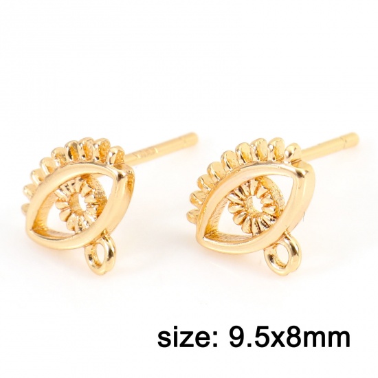Picture of Brass Ear Post Stud Earrings 18K Real Gold Plated Eye With Loop 9.5mm x 8mm, Post/ Wire Size: (20 gauge), 4 PCs                                                                                                                                               