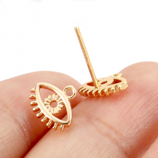 Picture of Brass Ear Post Stud Earrings 18K Real Gold Plated Eye With Loop 9.5mm x 8mm, Post/ Wire Size: (20 gauge), 4 PCs                                                                                                                                               