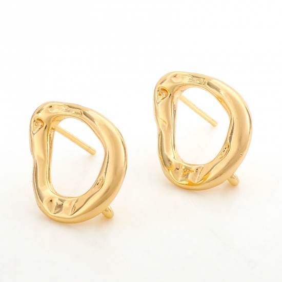 Picture of Brass Ear Post Stud Earrings 18K Real Gold Plated Irregular Drop With Loop 17mm x 13.5mm, Post/ Wire Size: (20 gauge), 2 PCs                                                                                                                                  