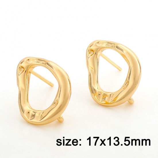 Picture of Brass Ear Post Stud Earrings 18K Real Gold Plated Irregular Drop With Loop 17mm x 13.5mm, Post/ Wire Size: (20 gauge), 2 PCs                                                                                                                                  