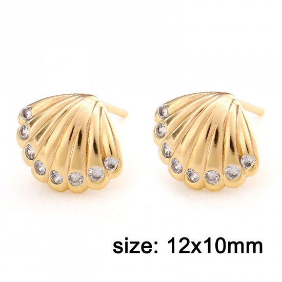 Picture of Brass Ear Post Stud Earrings 18K Real Gold Plated Shell With Loop Clear Cubic Zirconia 12mm x 10mm, Post/ Wire Size: (20 gauge), 2 PCs                                                                                                                        