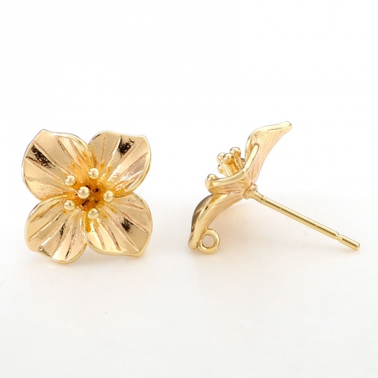 Picture of Brass Ear Post Stud Earrings 18K Real Gold Plated Flower With Loop 15mm x 15mm, Post/ Wire Size: (21 gauge), 2 PCs                                                                                                                                            