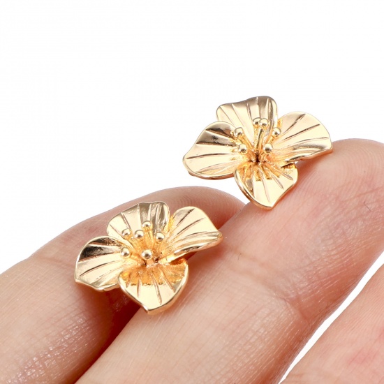 Picture of Brass Ear Post Stud Earrings 18K Real Gold Plated Flower With Loop 15mm x 15mm, Post/ Wire Size: (21 gauge), 2 PCs