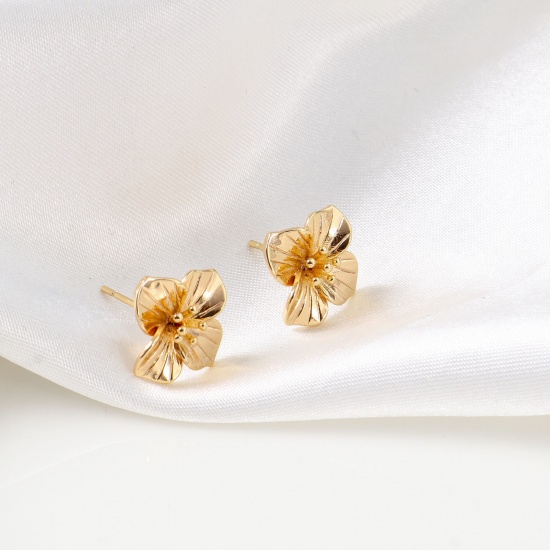 Picture of Brass Ear Post Stud Earrings 18K Real Gold Plated Flower With Loop 15mm x 15mm, Post/ Wire Size: (21 gauge), 2 PCs