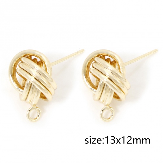 Picture of Brass Ear Post Stud Earrings 18K Real Gold Plated Ball Of Yarn With Loop 13mm x 12mm, Post/ Wire Size: (21 gauge), 2 PCs