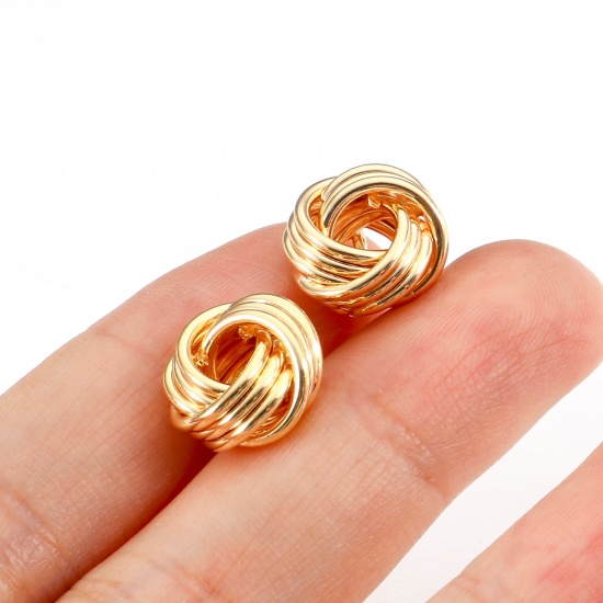 Picture of Brass Ear Post Stud Earrings 18K Real Gold Plated Ball Of Yarn With Loop 13mm x 12mm, Post/ Wire Size: (21 gauge), 2 PCs