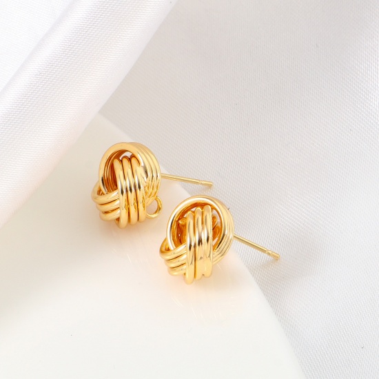 Picture of Brass Ear Post Stud Earrings 18K Real Gold Plated Ball Of Yarn With Loop 13mm x 12mm, Post/ Wire Size: (21 gauge), 2 PCs