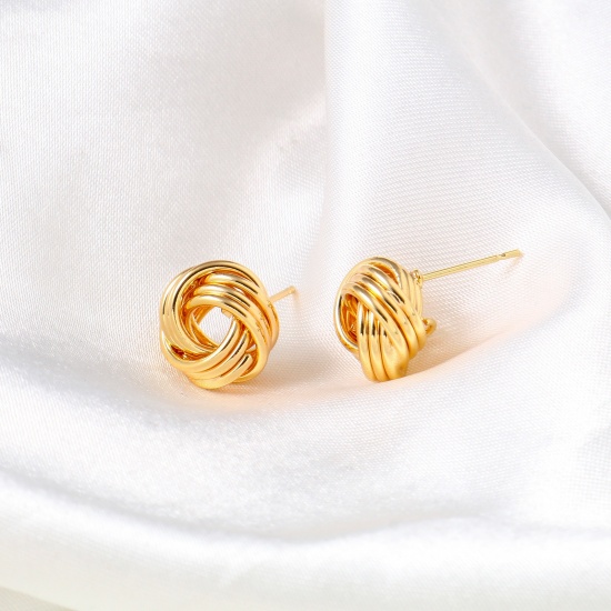 Picture of Brass Ear Post Stud Earrings 18K Real Gold Plated Ball Of Yarn With Loop 13mm x 12mm, Post/ Wire Size: (21 gauge), 2 PCs