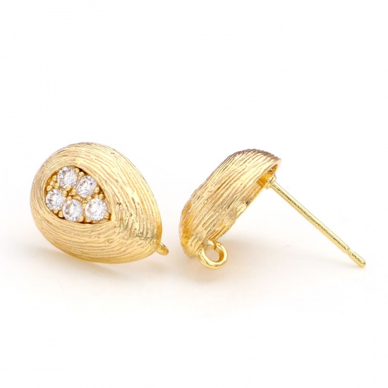 Picture of Brass Ear Post Stud Earrings 18K Real Gold Plated Drop With Loop Clear Cubic Zirconia 14mm x 11mm, Post/ Wire Size: (21 gauge), 2 PCs                                                                                                                         