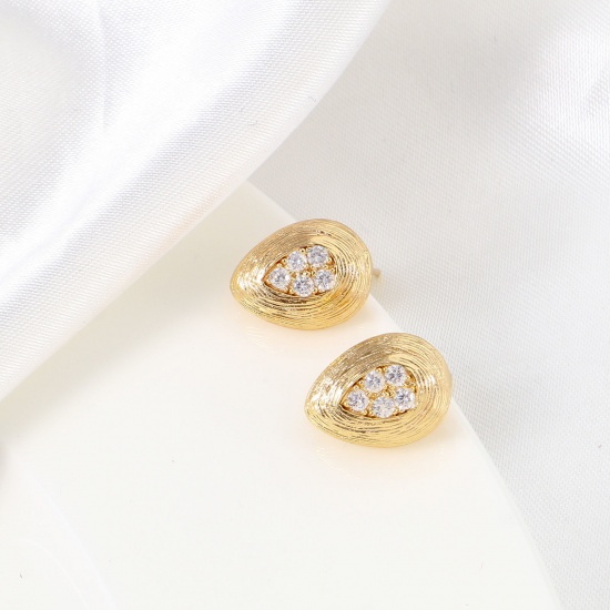 Picture of Brass Ear Post Stud Earrings 18K Real Gold Plated Drop With Loop Clear Cubic Zirconia 14mm x 11mm, Post/ Wire Size: (21 gauge), 2 PCs                                                                                                                         