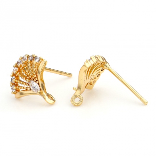Picture of Brass Ear Post Stud Earrings 18K Real Gold Plated Fan-shaped With Loop Clear Cubic Zirconia 11mm x 10mm, Post/ Wire Size: (21 gauge), 2 PCs                                                                                                                   